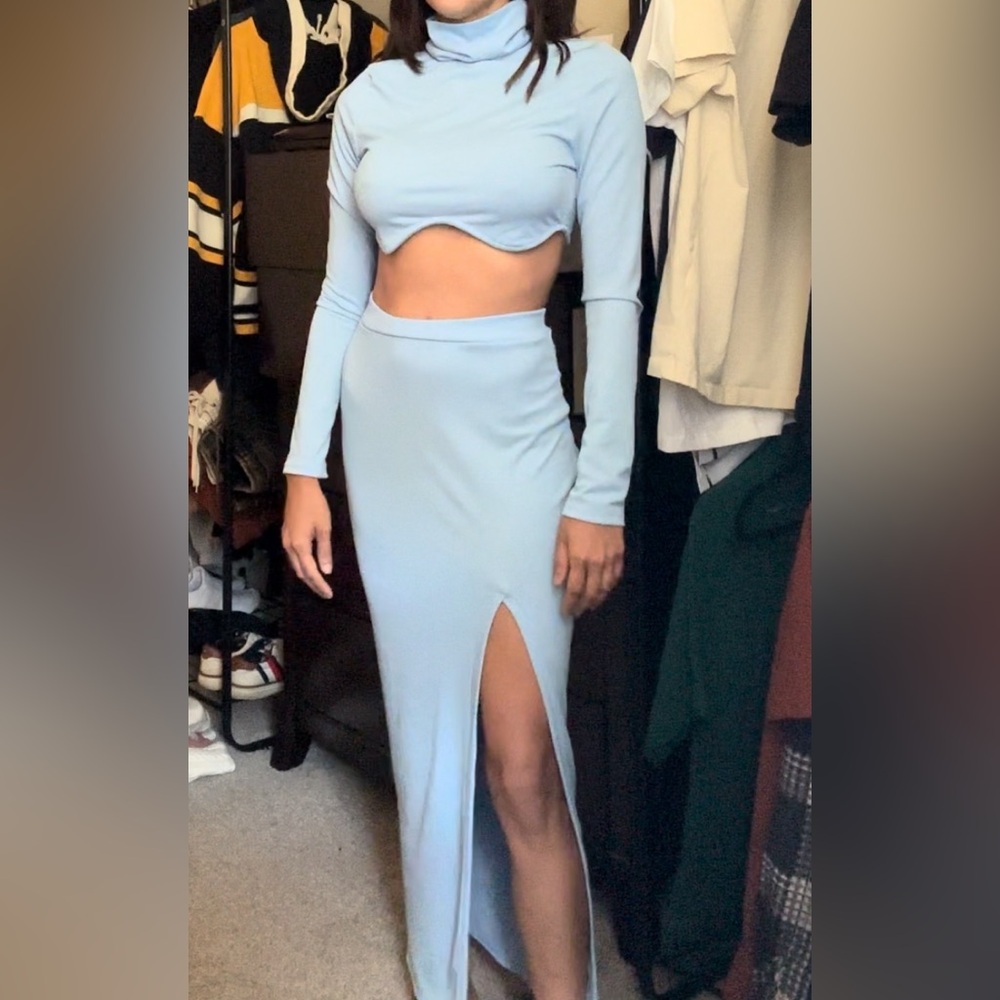 Baby Blue Two Piece Long Skirt Set
